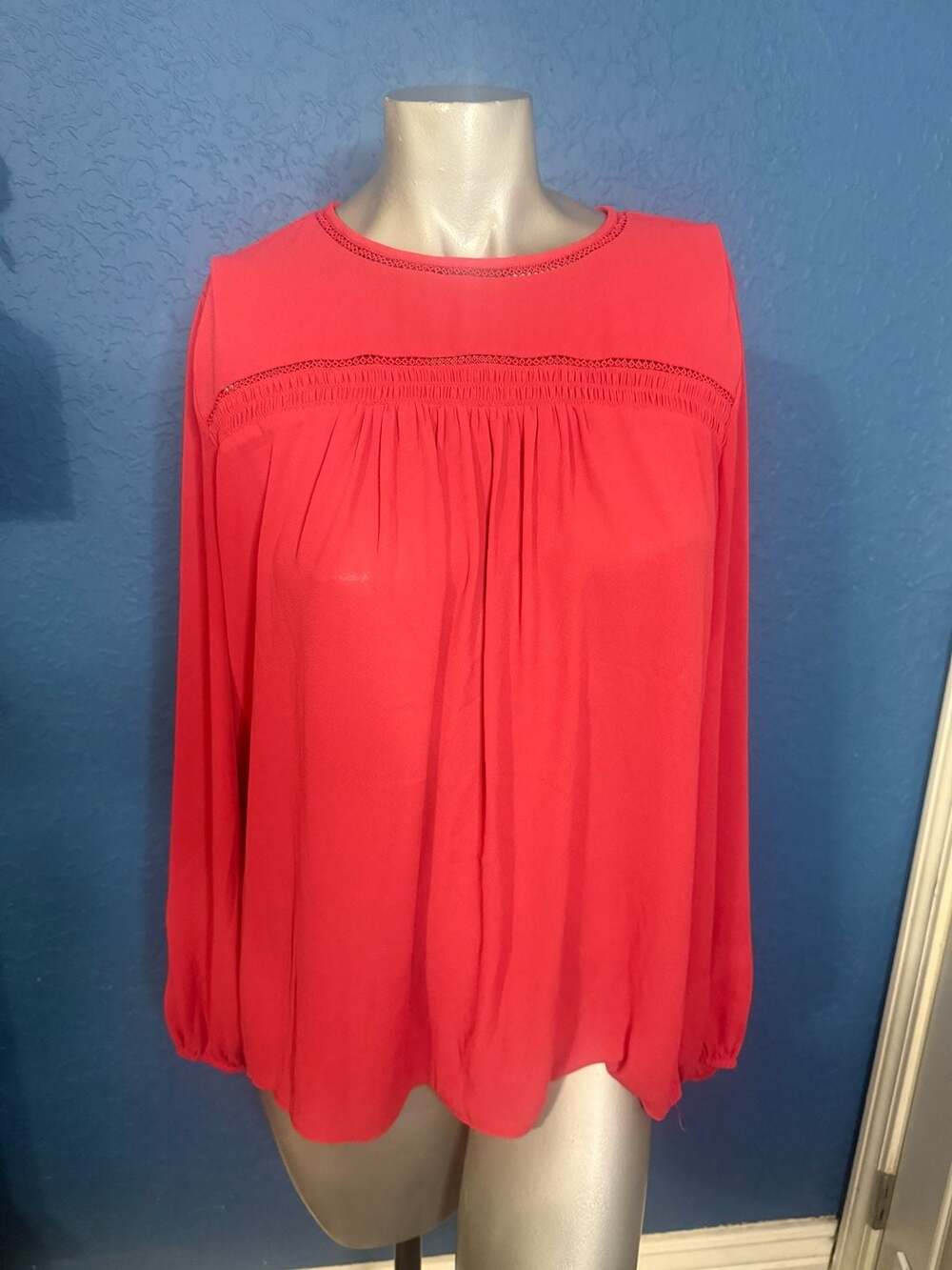 Loft Blouse Size M Red Long Sleeve Shirred Yoke Pleated Top